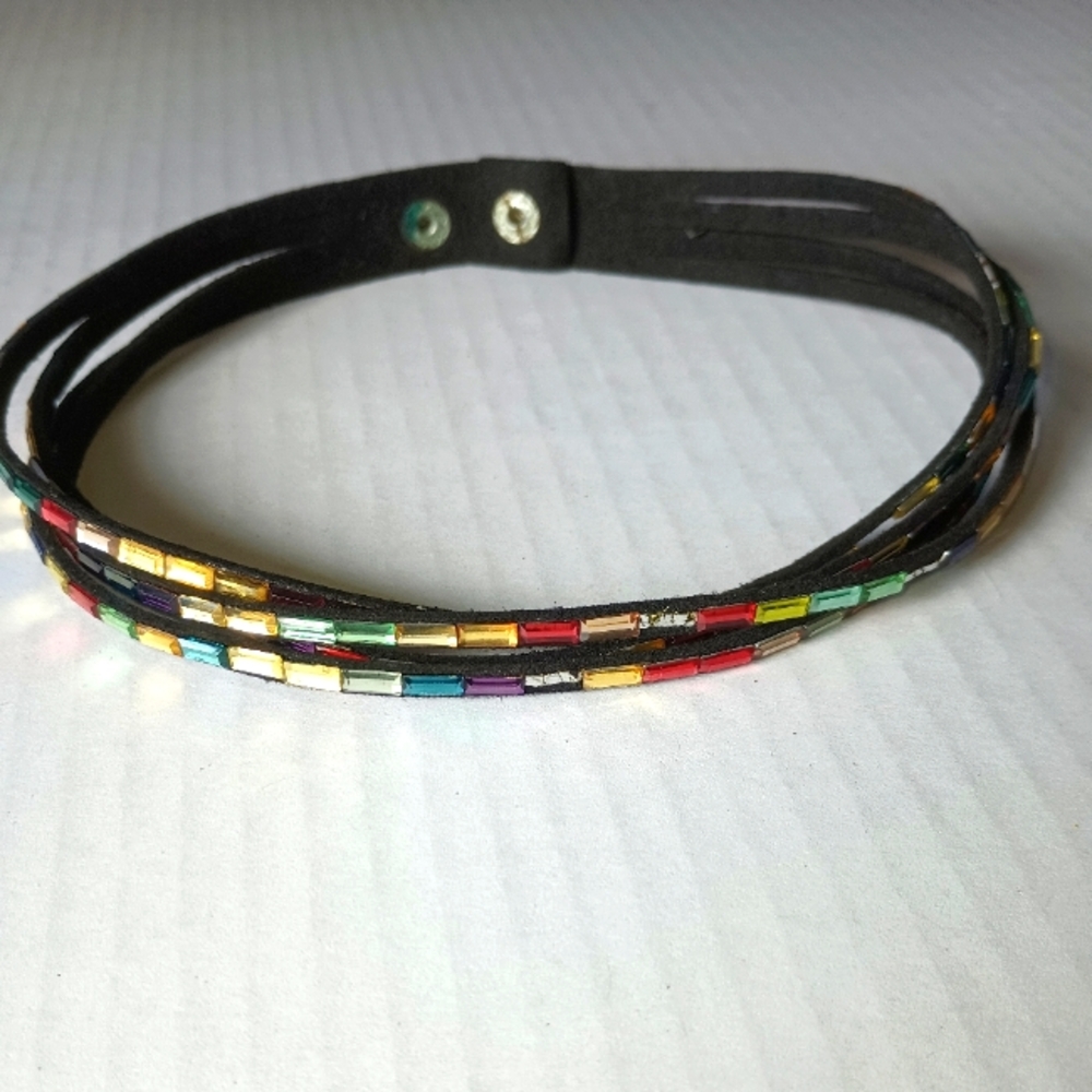 Black Pleather adjustable choker with multicolor glass beads
